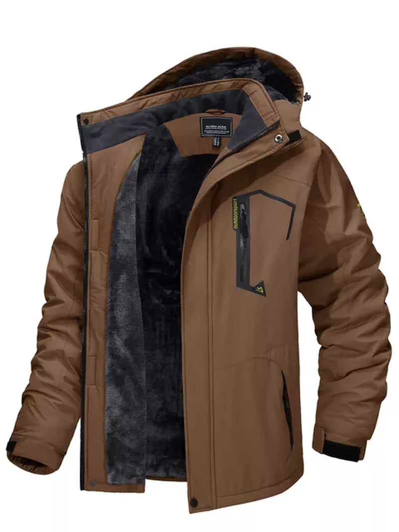 "Men's Winter Mountain Jacket with Fleece Lining and Removable Hood - Perfect for Hiking, Skiing, and Snowboarding!"