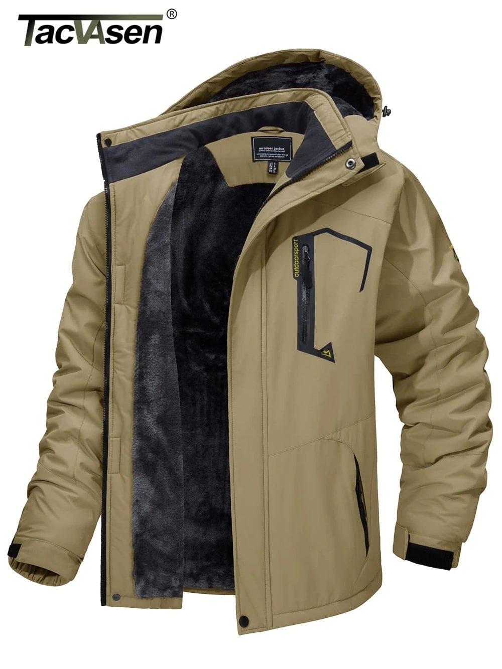 "Men's Winter Mountain Jacket with Fleece Lining and Removable Hood - Perfect for Hiking, Skiing, and Snowboarding!"