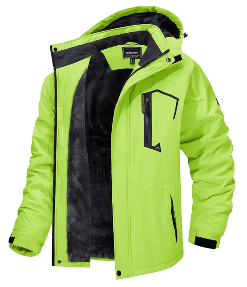 "Men's Winter Mountain Jacket with Fleece Lining and Removable Hood - Perfect for Hiking, Skiing, and Snowboarding!"