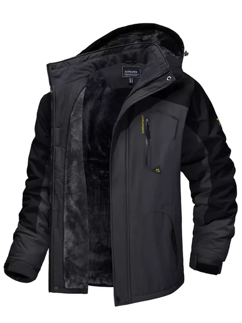 "Men's Winter Mountain Jacket with Fleece Lining and Removable Hood - Perfect for Hiking, Skiing, and Snowboarding!"