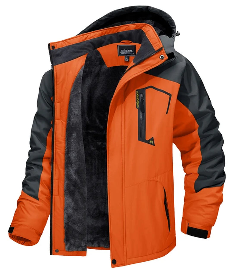 "Men's Winter Mountain Jacket with Fleece Lining and Removable Hood - Perfect for Hiking, Skiing, and Snowboarding!"