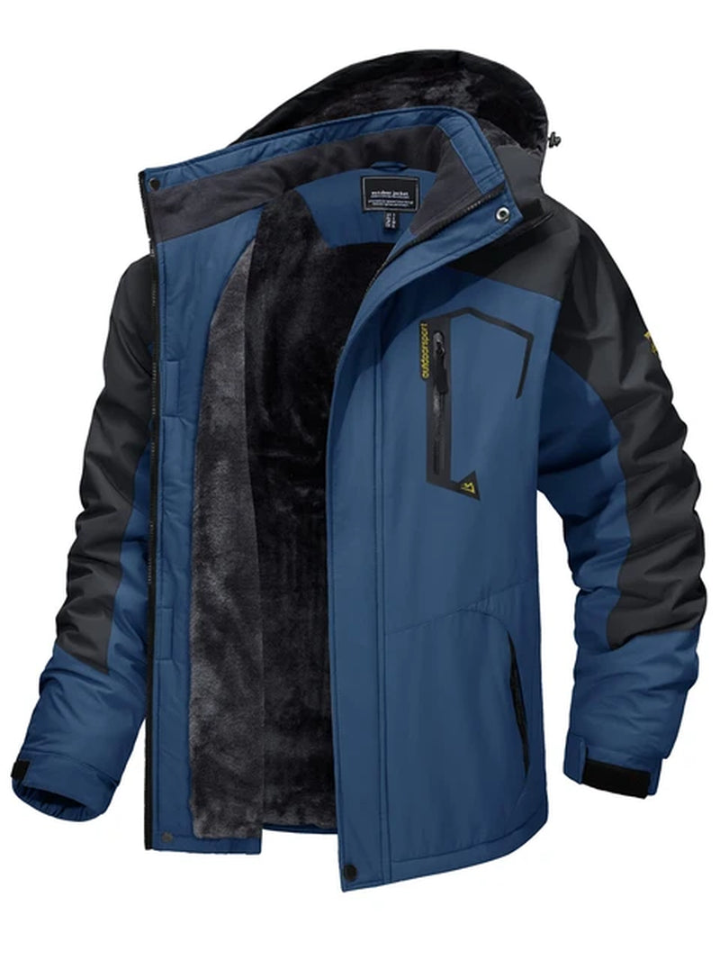 "Men's Winter Mountain Jacket with Fleece Lining and Removable Hood - Perfect for Hiking, Skiing, and Snowboarding!"