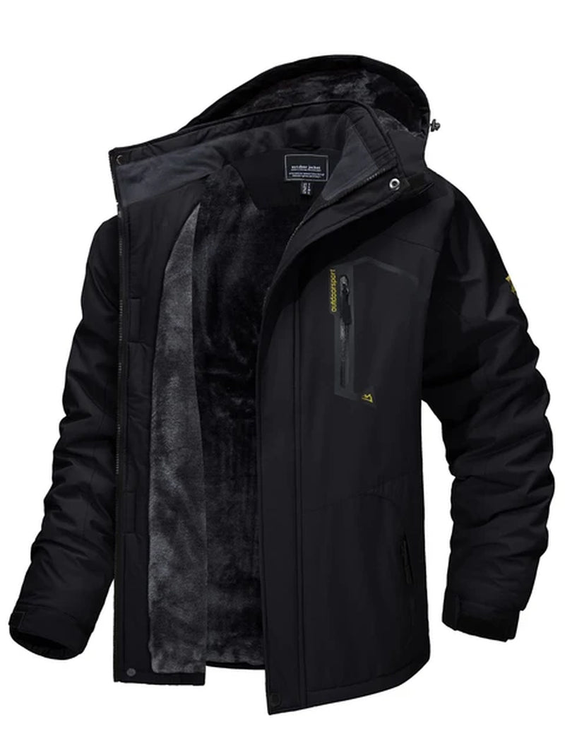 "Men's Winter Mountain Jacket with Fleece Lining and Removable Hood - Perfect for Hiking, Skiing, and Snowboarding!"