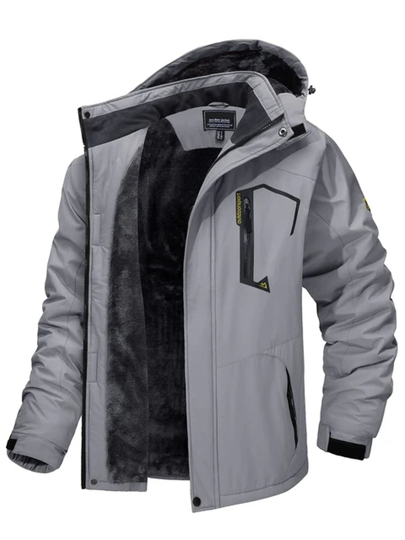 "Men's Winter Mountain Jacket with Fleece Lining and Removable Hood - Perfect for Hiking, Skiing, and Snowboarding!"