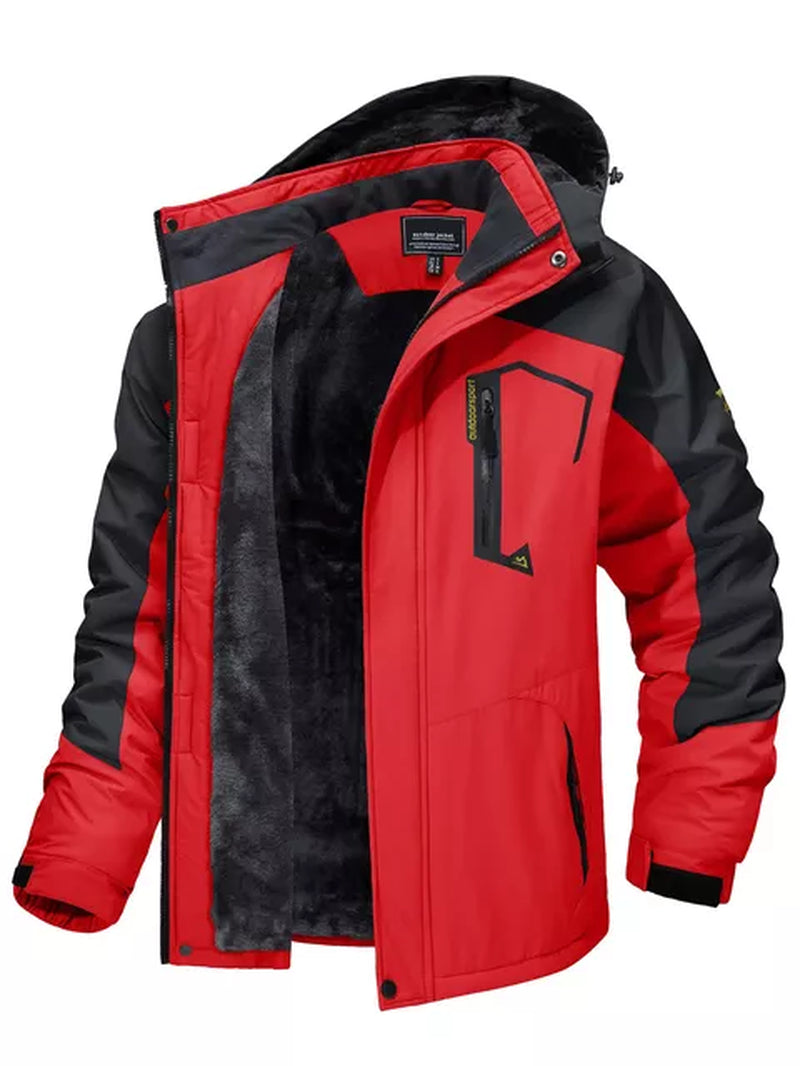 "Men's Winter Mountain Jacket with Fleece Lining and Removable Hood - Perfect for Hiking, Skiing, and Snowboarding!"