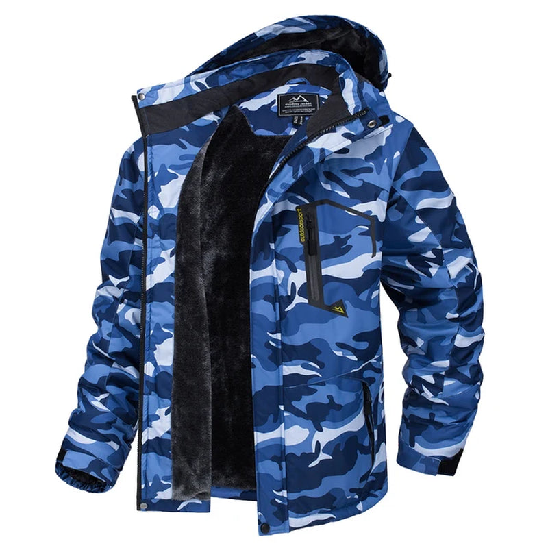 "Men's Winter Mountain Jacket with Fleece Lining and Removable Hood - Perfect for Hiking, Skiing, and Snowboarding!"